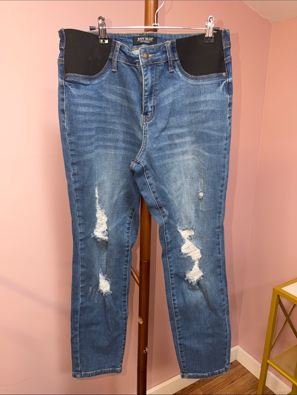 Judy Blue Faded Blue Distressed Maternity Jeggings with Black Waist Panel